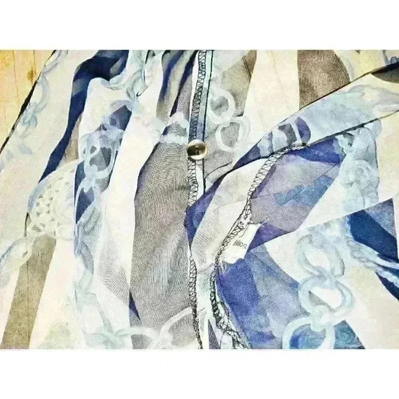 FASHION AGE Woman's SHEER Career Casual Blouse NAVY BLUE & WHITE Button Down Lg - Picture 6 of 6